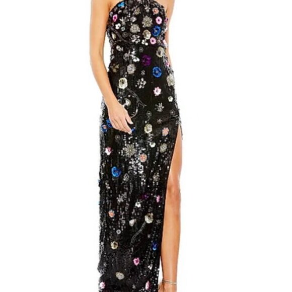 Mac Duggal Black Floral Sequined Strapless Column Gown - Picture 1 of 3